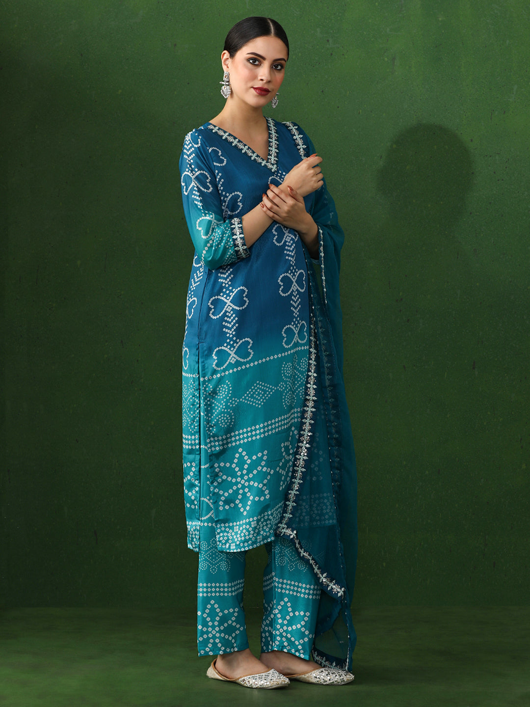 Bandhani Embroidered A-Line Chinon Kurta & Trousers Sets