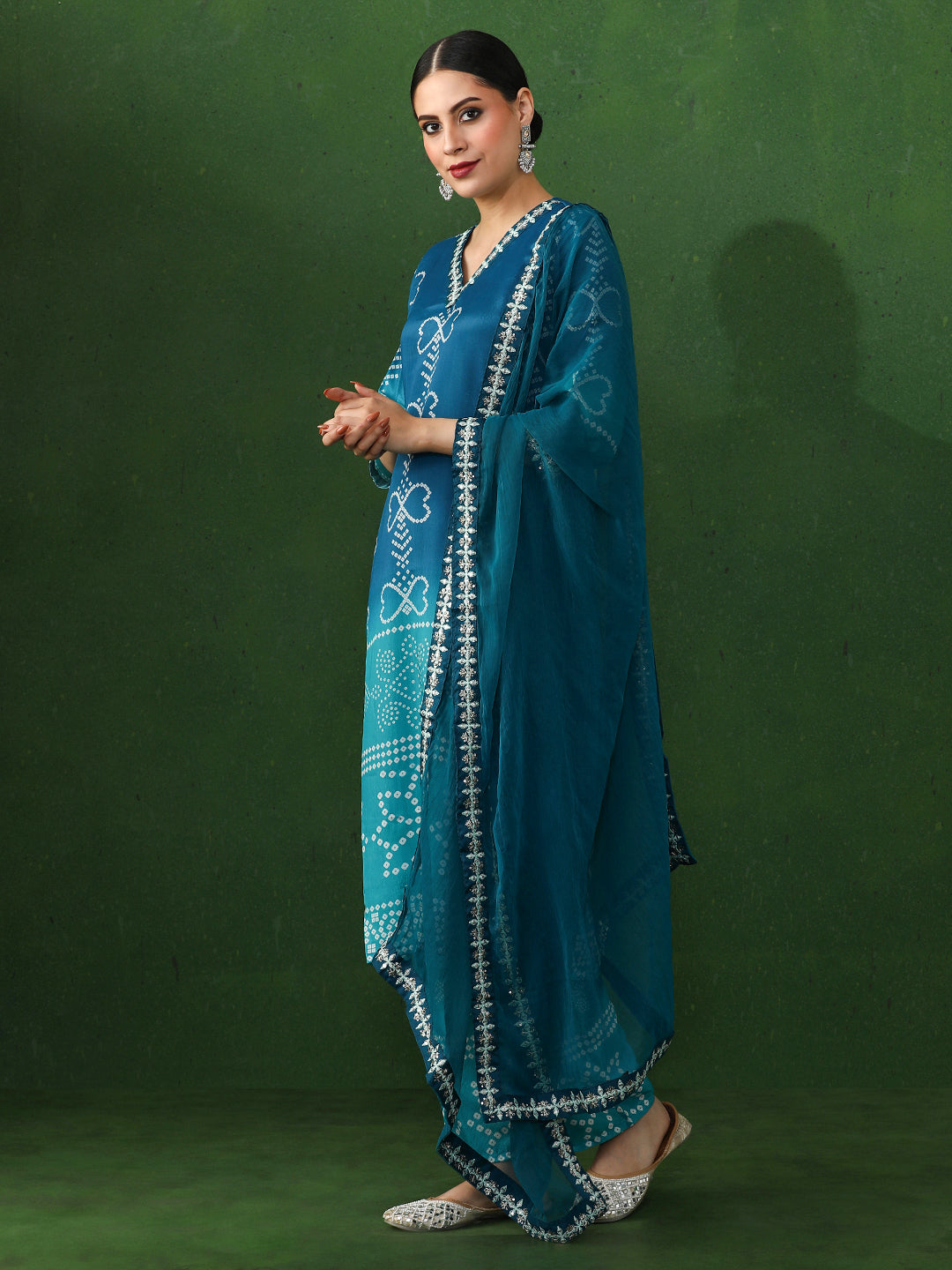 Bandhani Embroidered A-Line Chinon Kurta & Trousers Sets