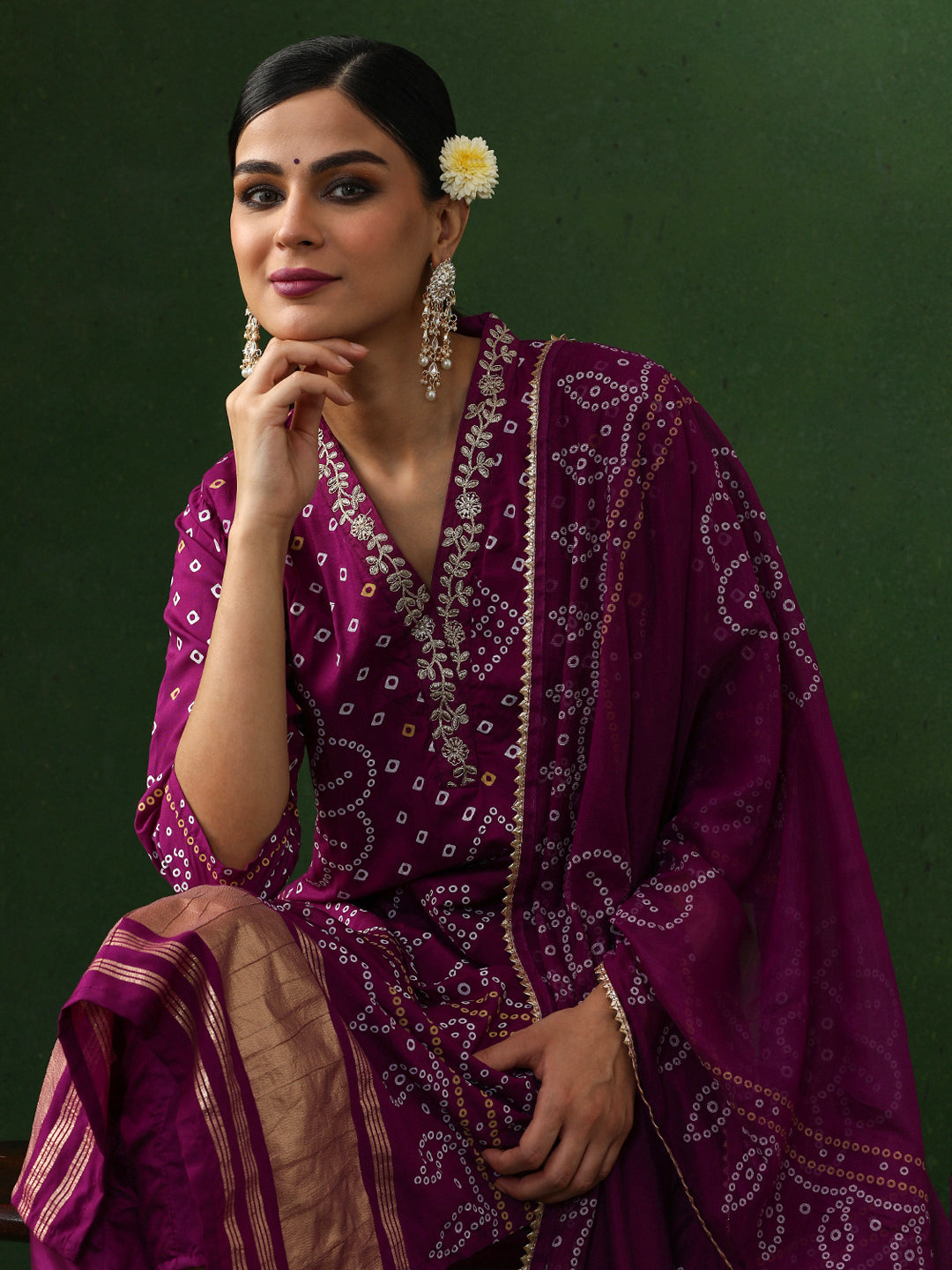 Bandhani Embroidered Straight Kurta & Trousers Sets