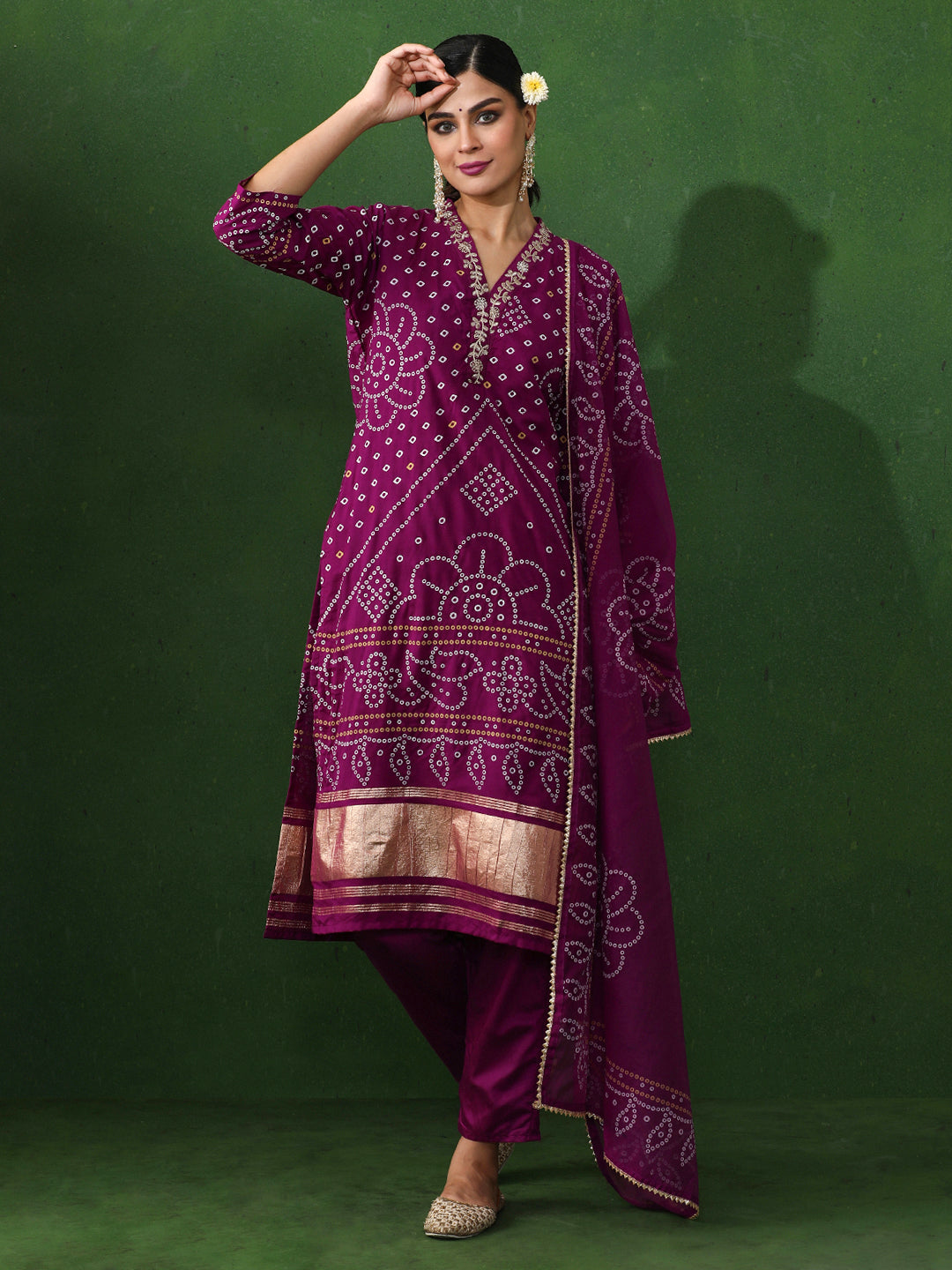 Bandhani Embroidered Straight Kurta & Trousers Sets