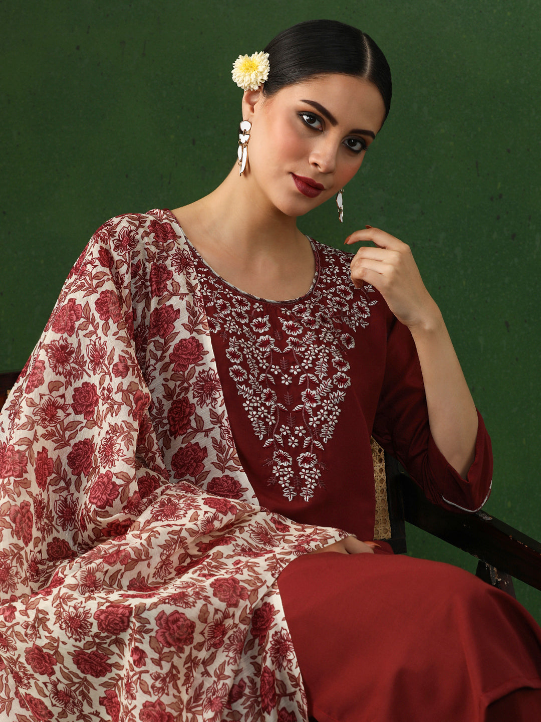 Solid Embroidered A-Line Cotton Silk Kurta & Trousers Sets