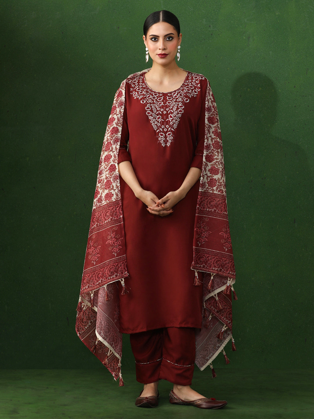 Solid Embroidered A-Line Cotton Silk Kurta & Trousers Sets