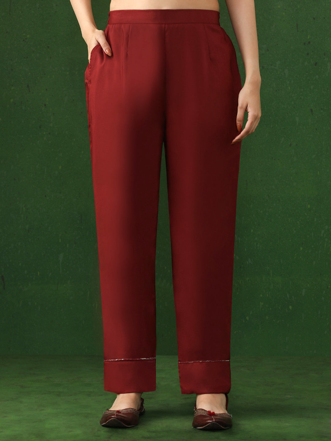 Solid Embroidered A-Line Cotton Silk Kurta & Trousers Sets