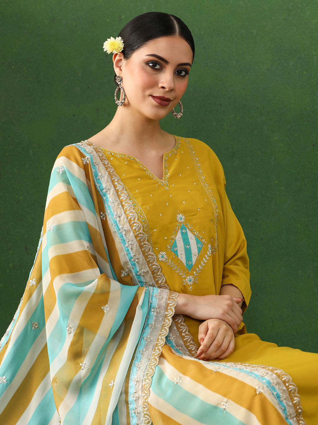 Floral Embroidered A-Line Silk Blend Kurta & Trousers Sets