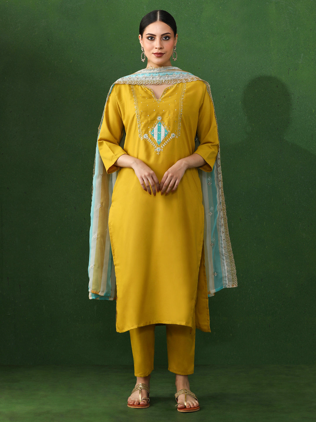 Floral Embroidered A-Line Silk Blend Kurta & Trousers Sets