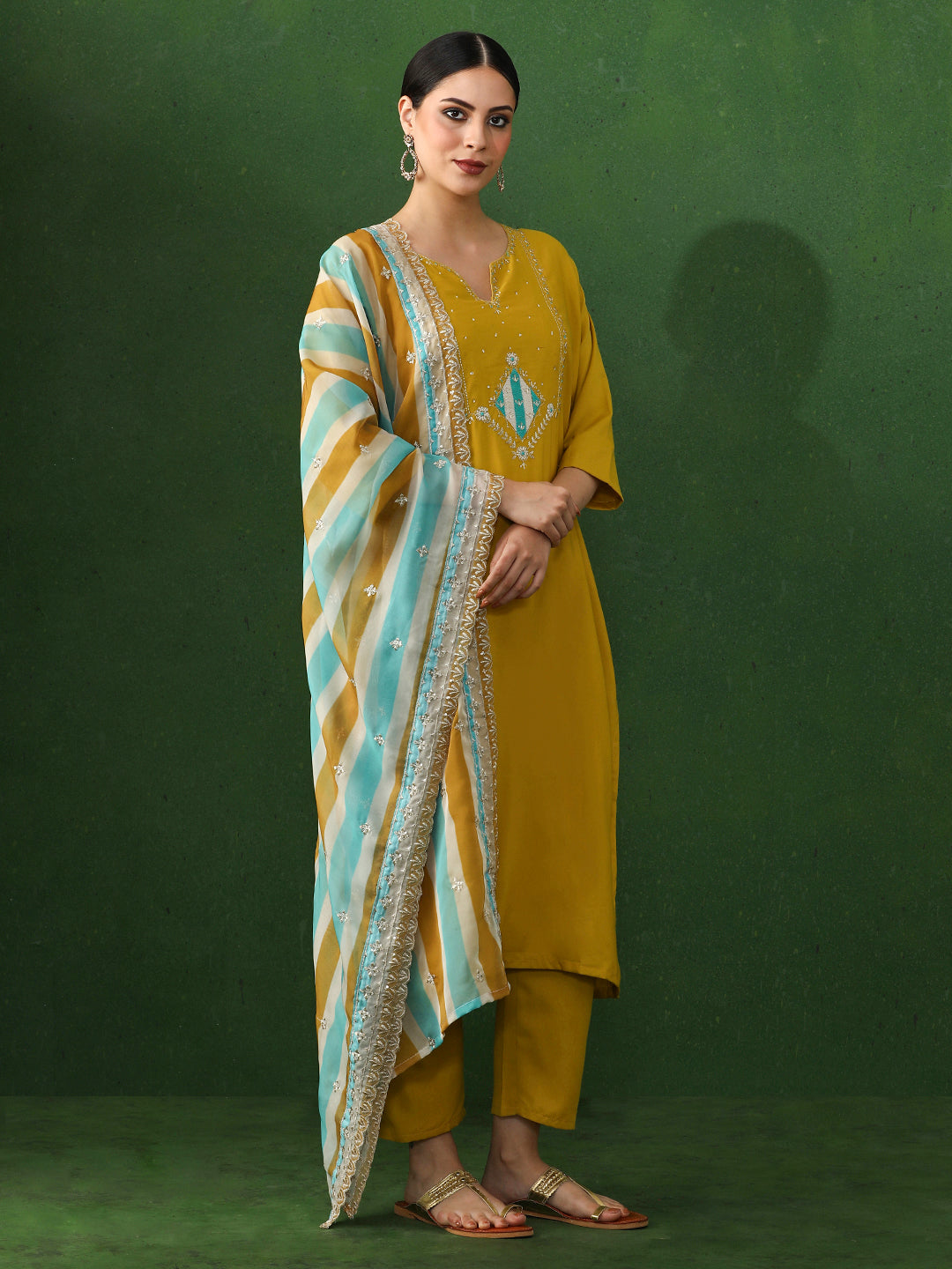 Floral Embroidered A-Line Silk Blend Kurta & Trousers Sets
