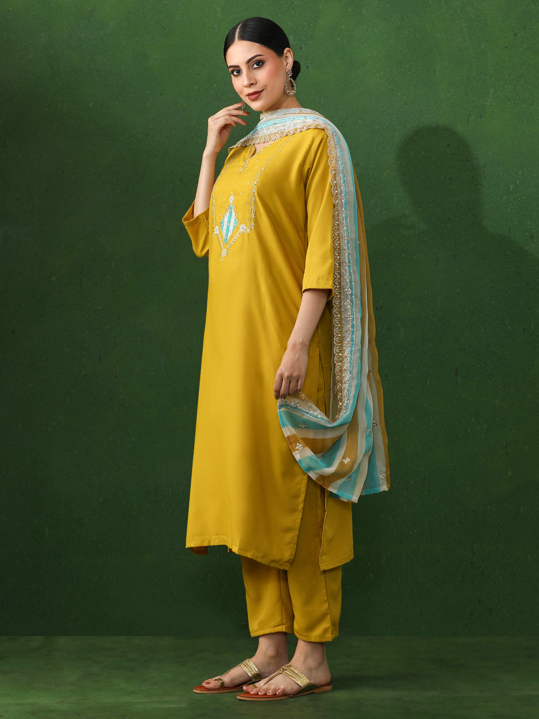 Floral Embroidered A-Line Silk Blend Kurta & Trousers Sets