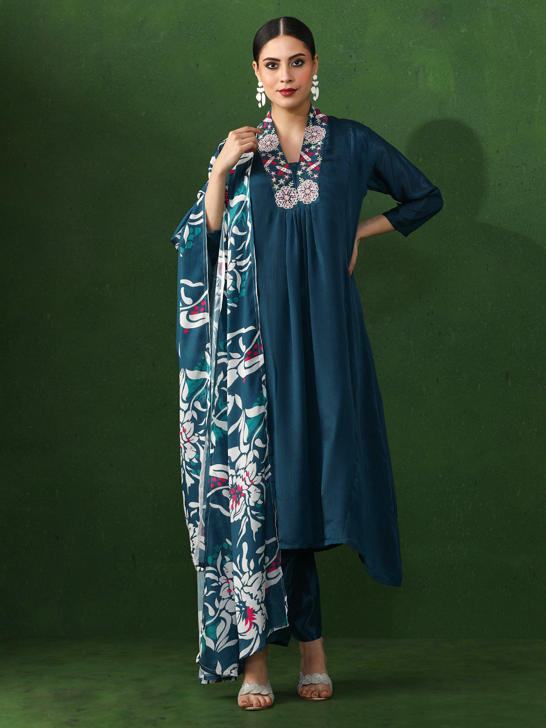 Solid Embroidered A-Line Chinon Kurta & Trousers Sets