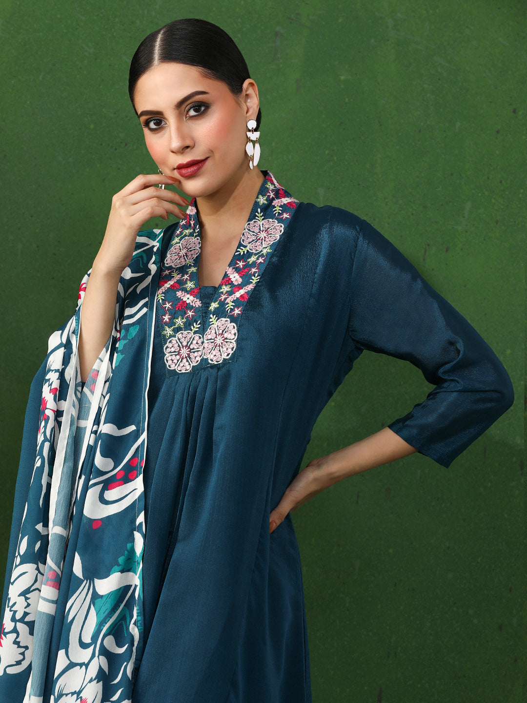 Solid Embroidered A-Line Chinon Kurta & Trousers Sets