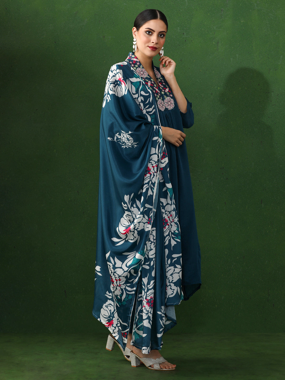 Solid Embroidered A-Line Chinon Kurta & Trousers Sets