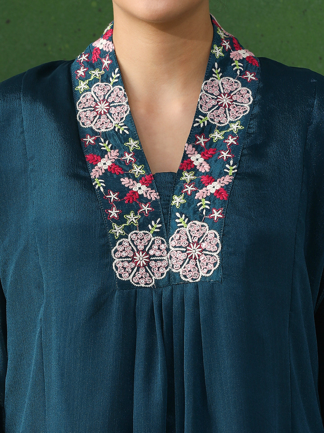 Solid Embroidered A-Line Chinon Kurta & Trousers Sets