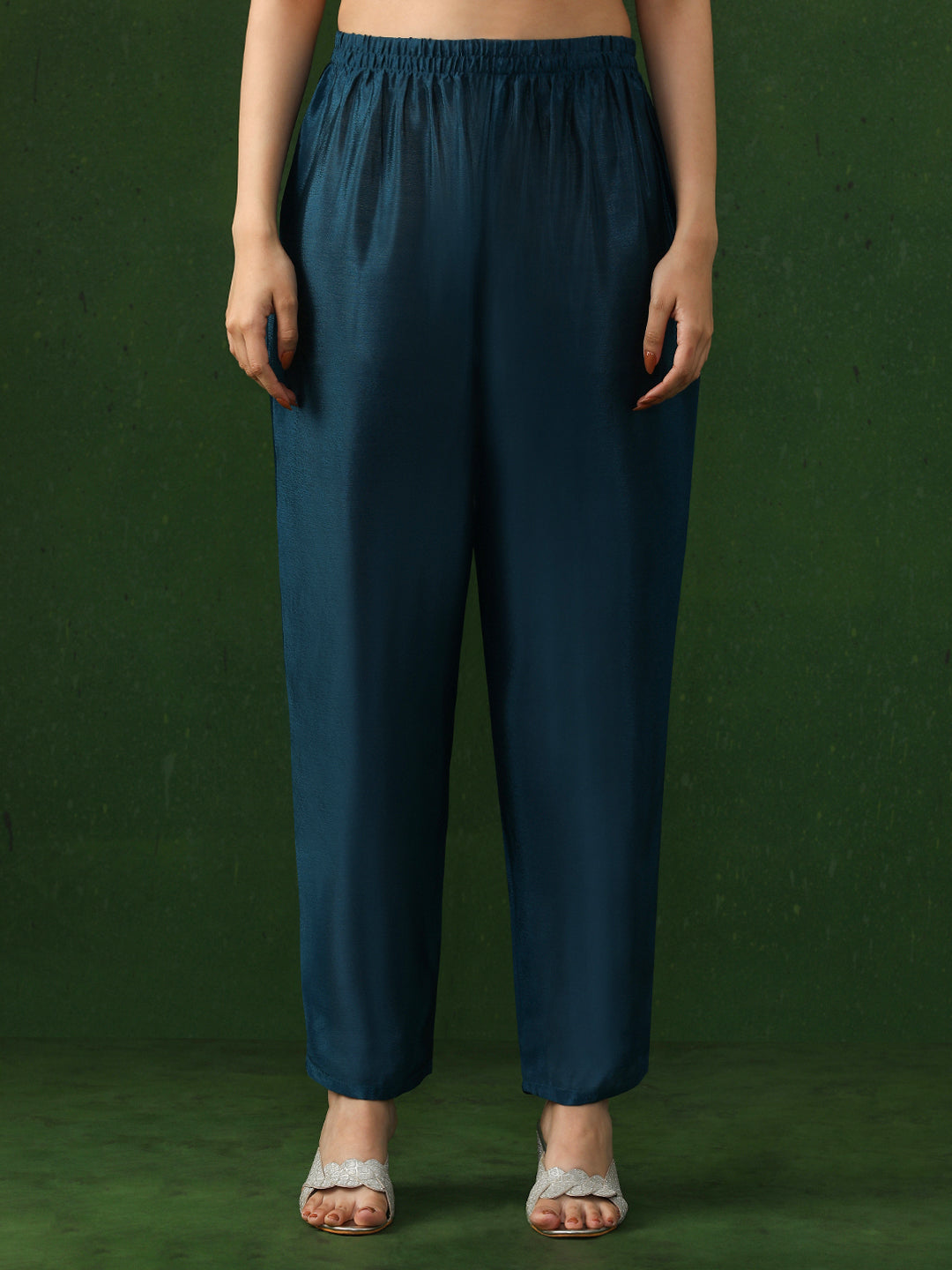 Solid Embroidered A-Line Chinon Kurta & Trousers Sets