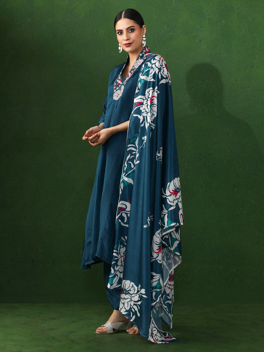 Solid Embroidered A-Line Chinon Kurta & Trousers Sets