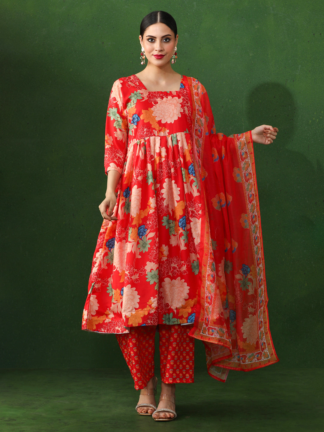 Floral Printed A-Line Cotton Blend Kurta & Trousers Sets