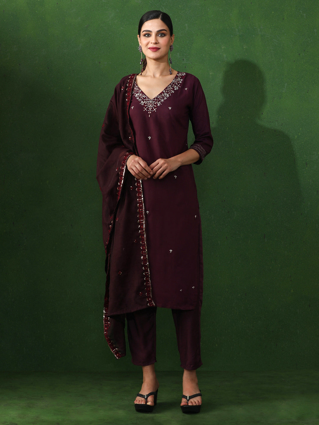 Floral Embroidered Straight Chanderi Silk Kurta & Trousers Sets