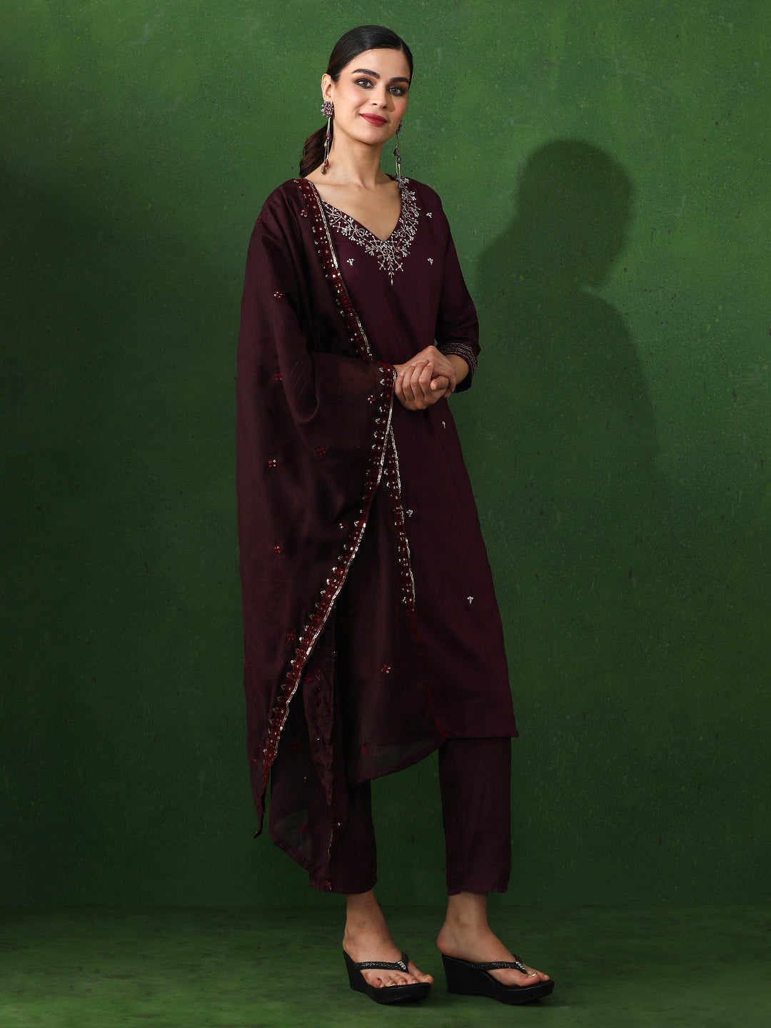 Floral Embroidered Straight Chanderi Silk Kurta & Trousers Sets