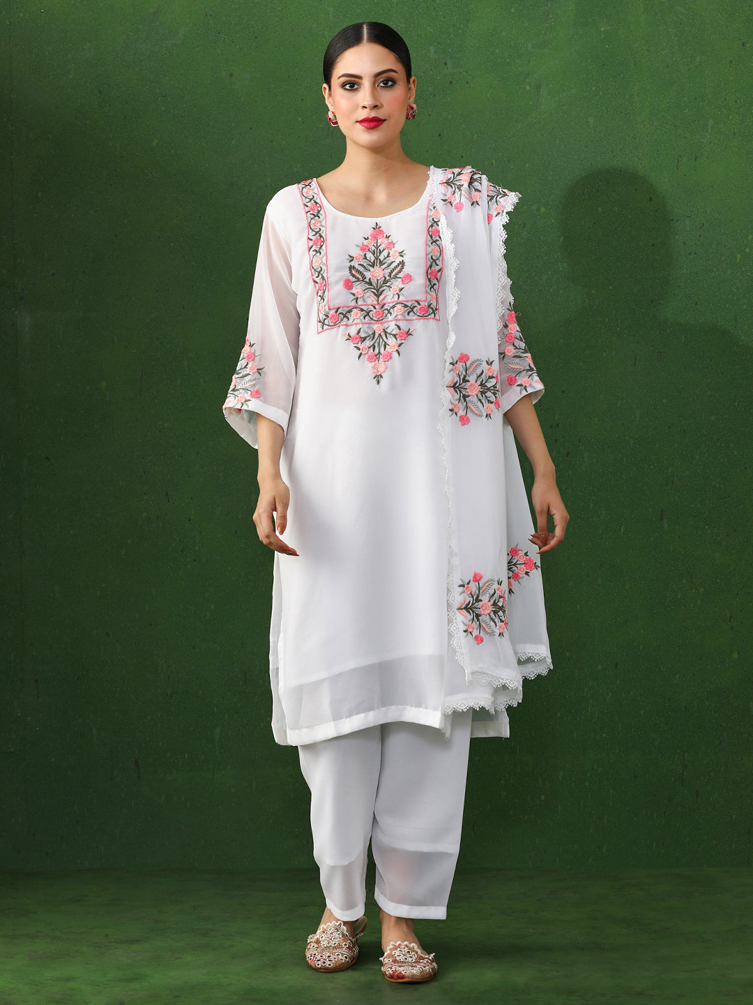 Floral Embroidered Straight Georgette Kurta & Trousers Sets