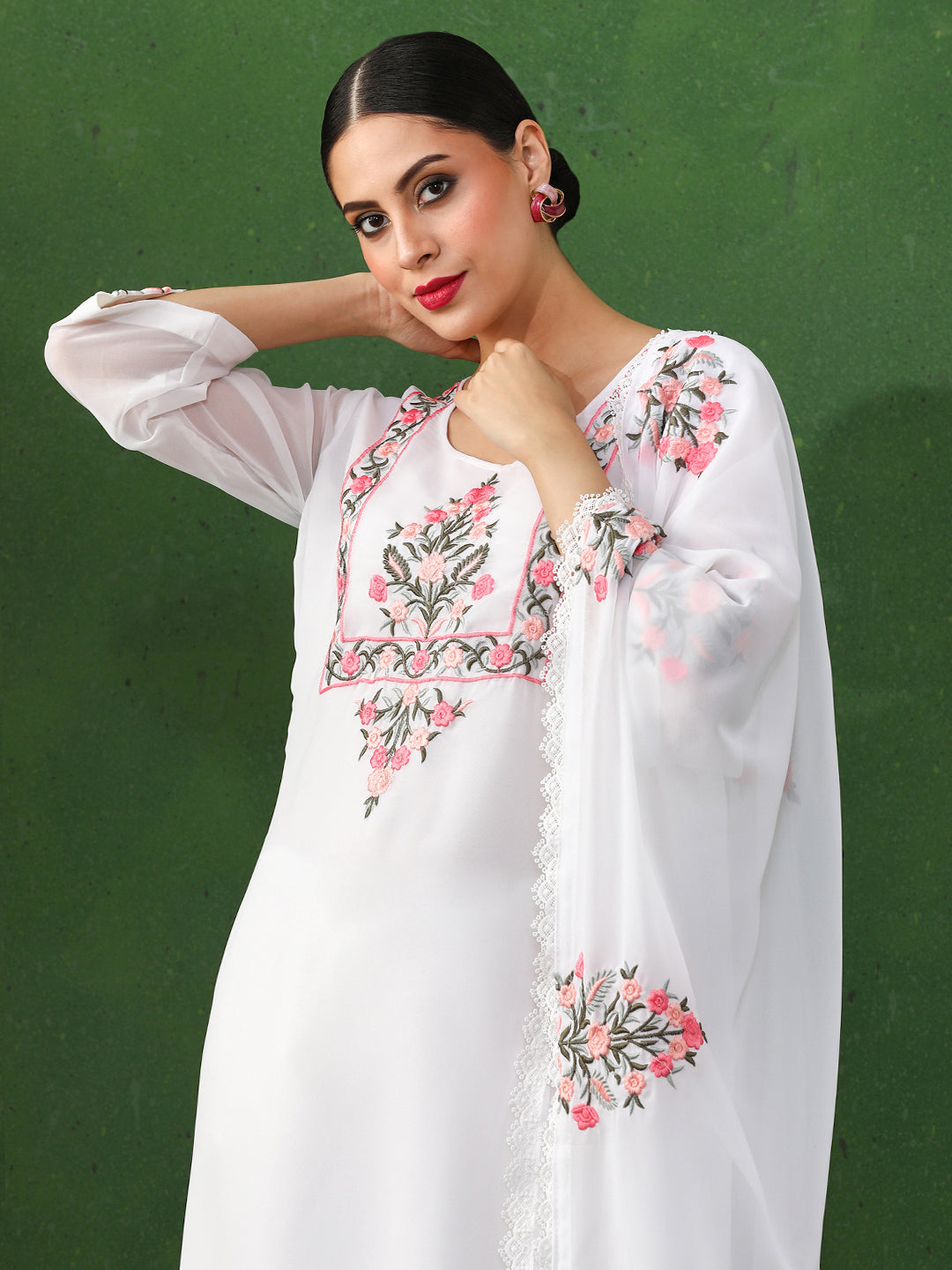 Floral Embroidered Straight Georgette Kurta & Trousers Sets