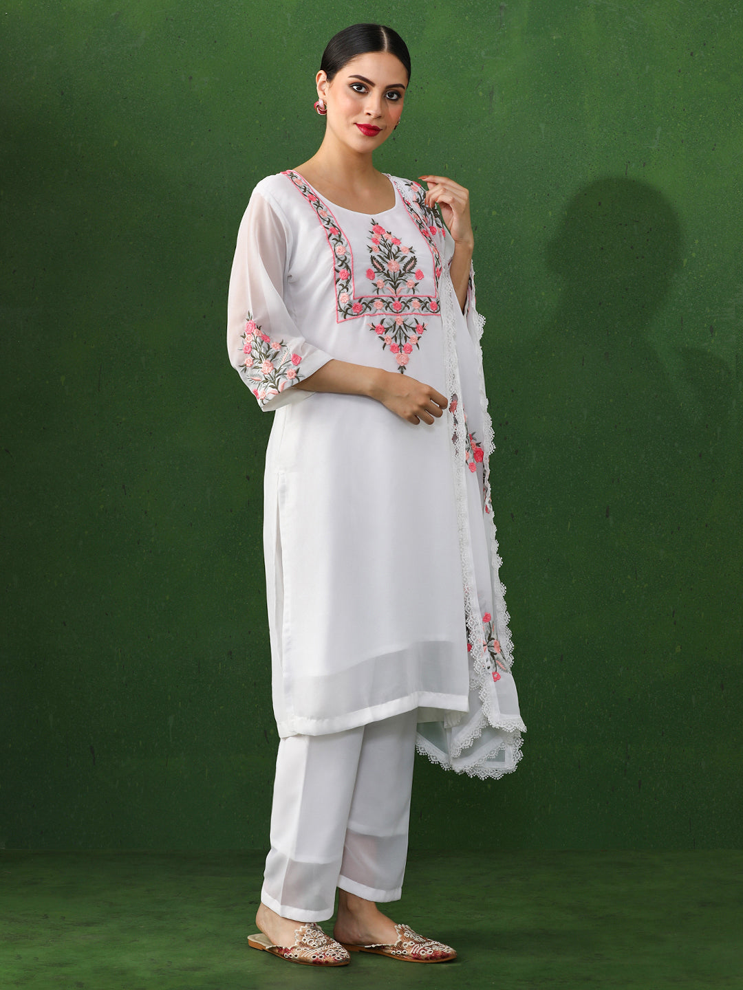 Floral Embroidered Straight Georgette Kurta & Trousers Sets