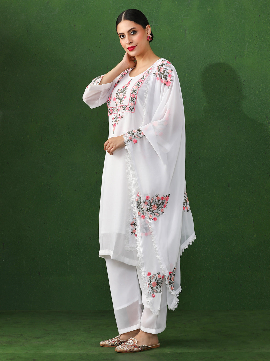 Floral Embroidered Straight Georgette Kurta & Trousers Sets