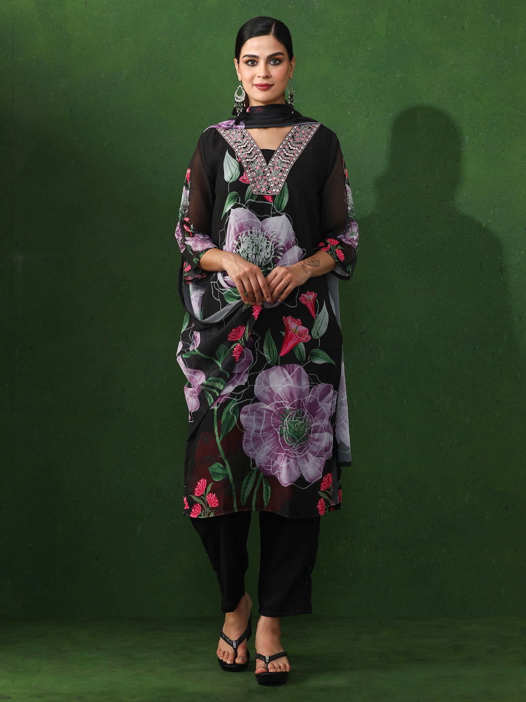 Floral Embroidered Straight Georgette Kurta & Trousers Sets
