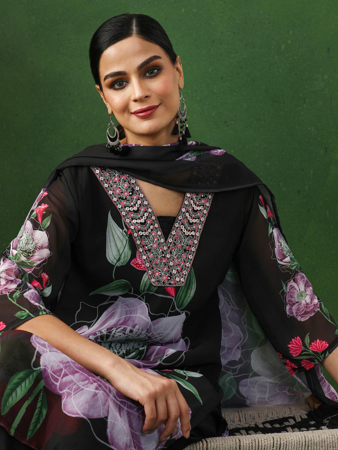 Floral Embroidered Straight Georgette Kurta & Trousers Sets