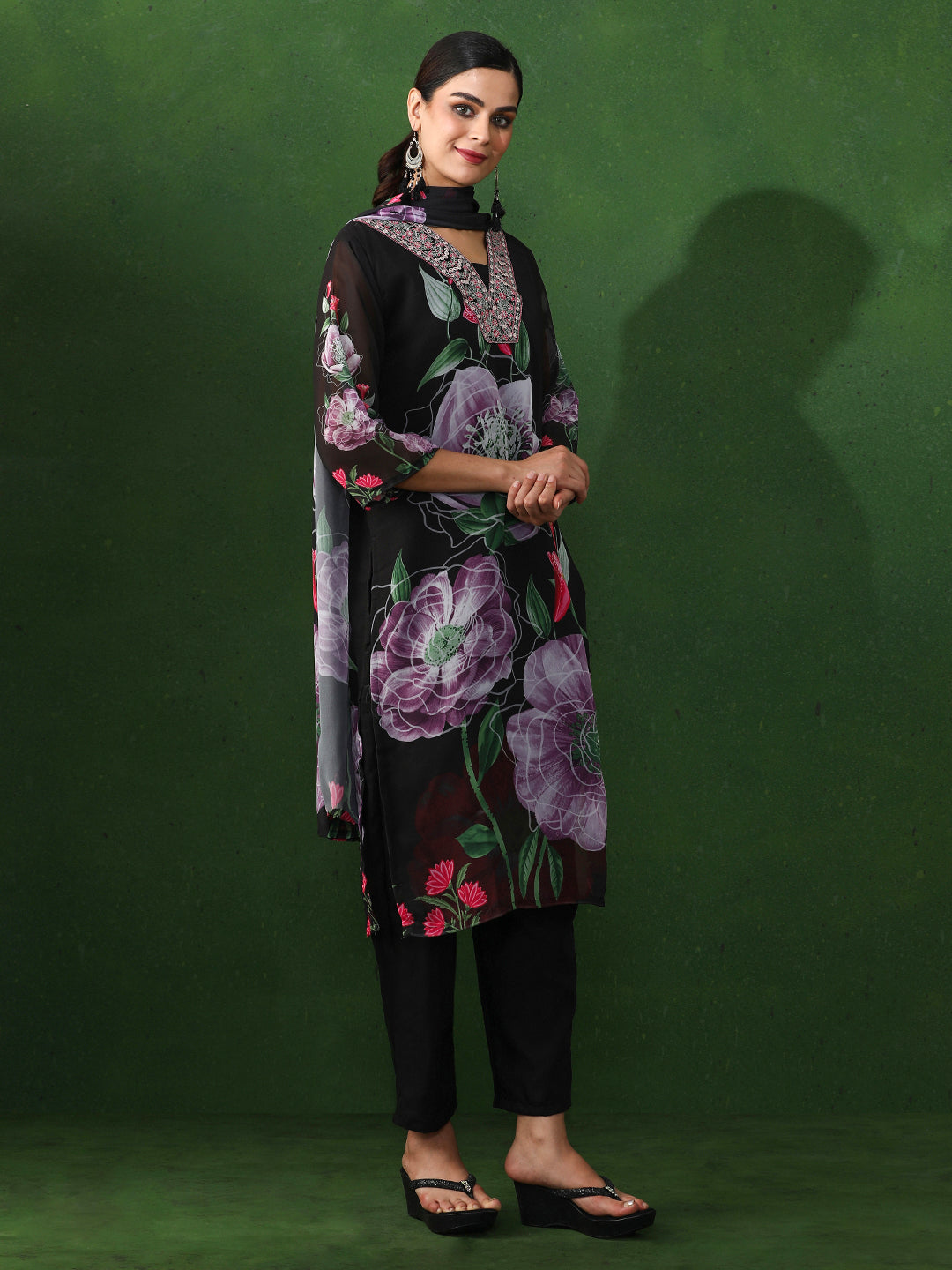 Floral Embroidered Straight Georgette Kurta & Trousers Sets