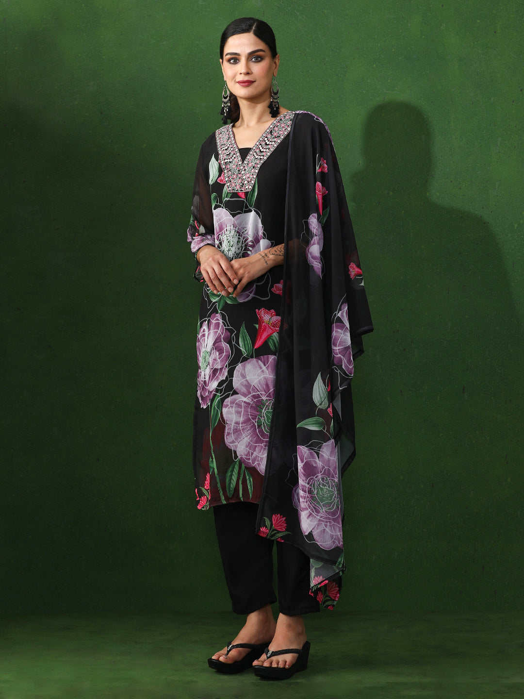 Floral Embroidered Straight Georgette Kurta & Trousers Sets