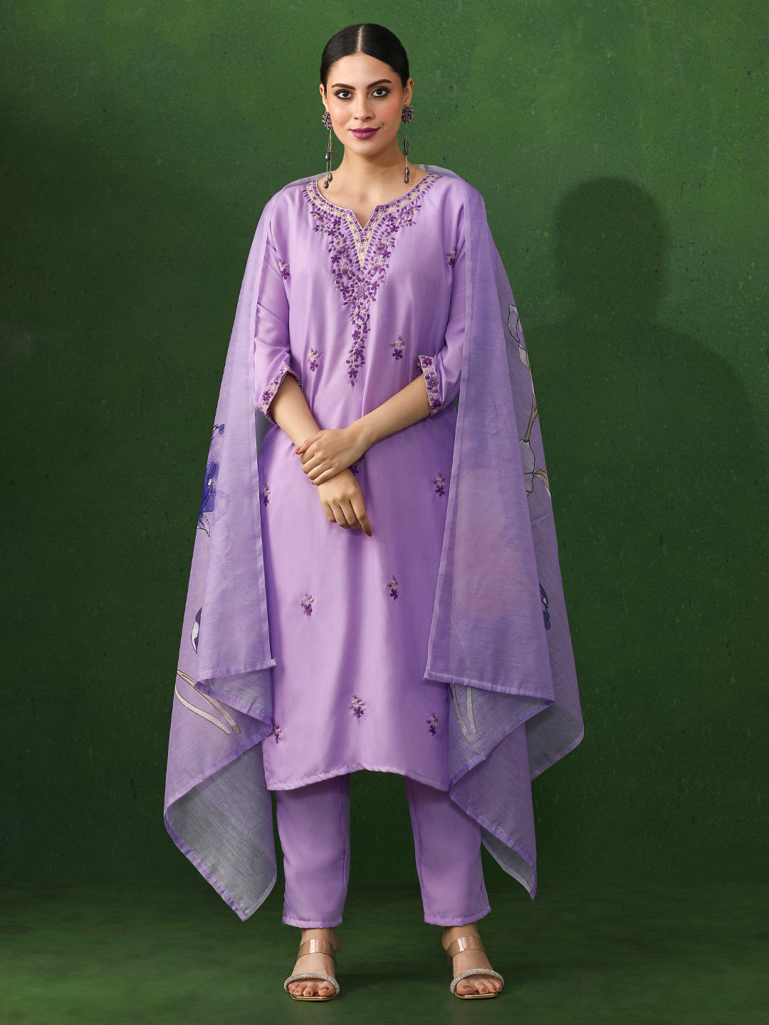 Floral Embroidered Straight Kurta & Trousers Sets