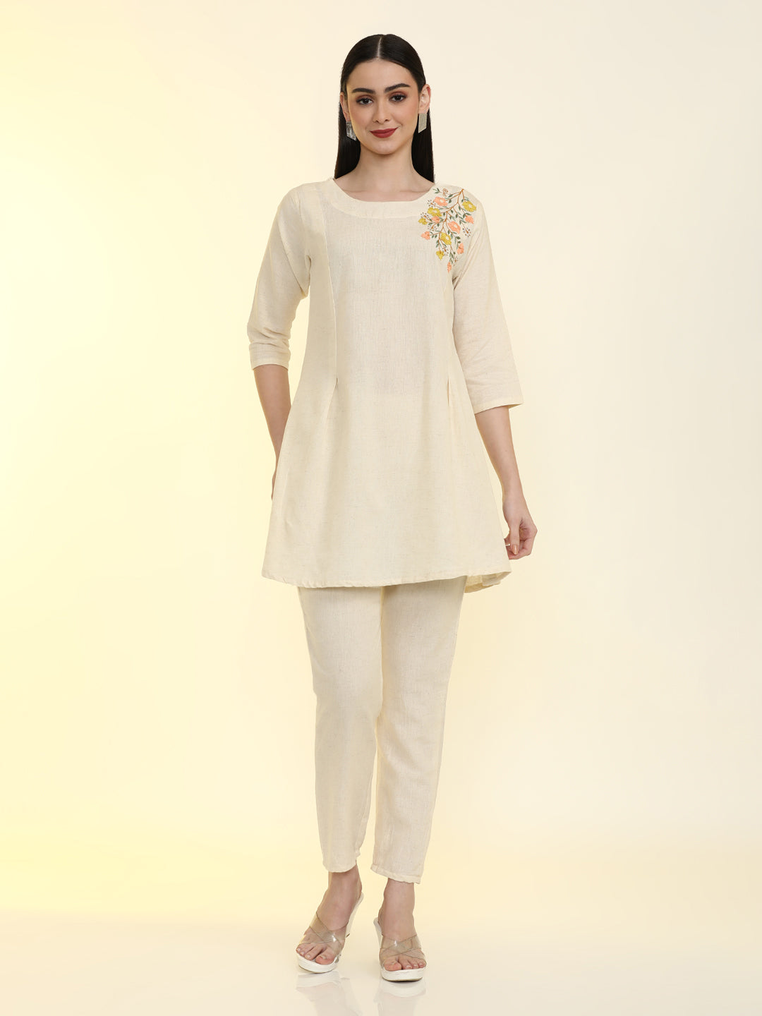 Floral Embroidered Cotton Blend Flared Kurta with Trousers