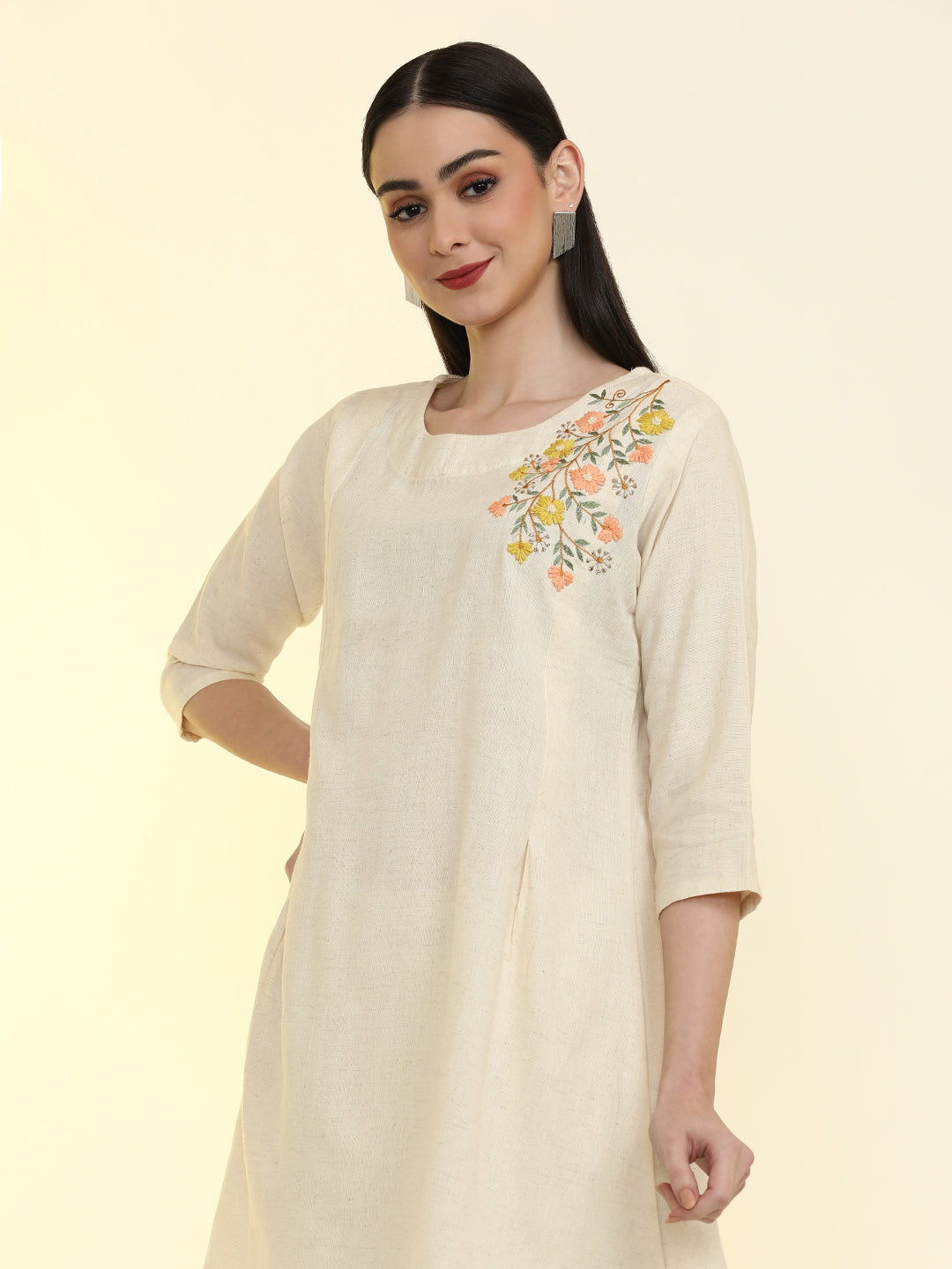 Floral Embroidered Cotton Blend Flared Kurta with Trousers