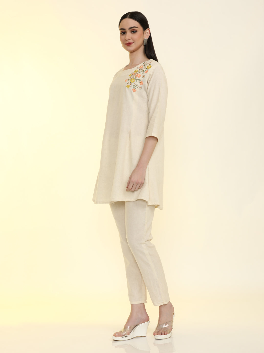 Floral Embroidered Cotton Blend Flared Kurta with Trousers