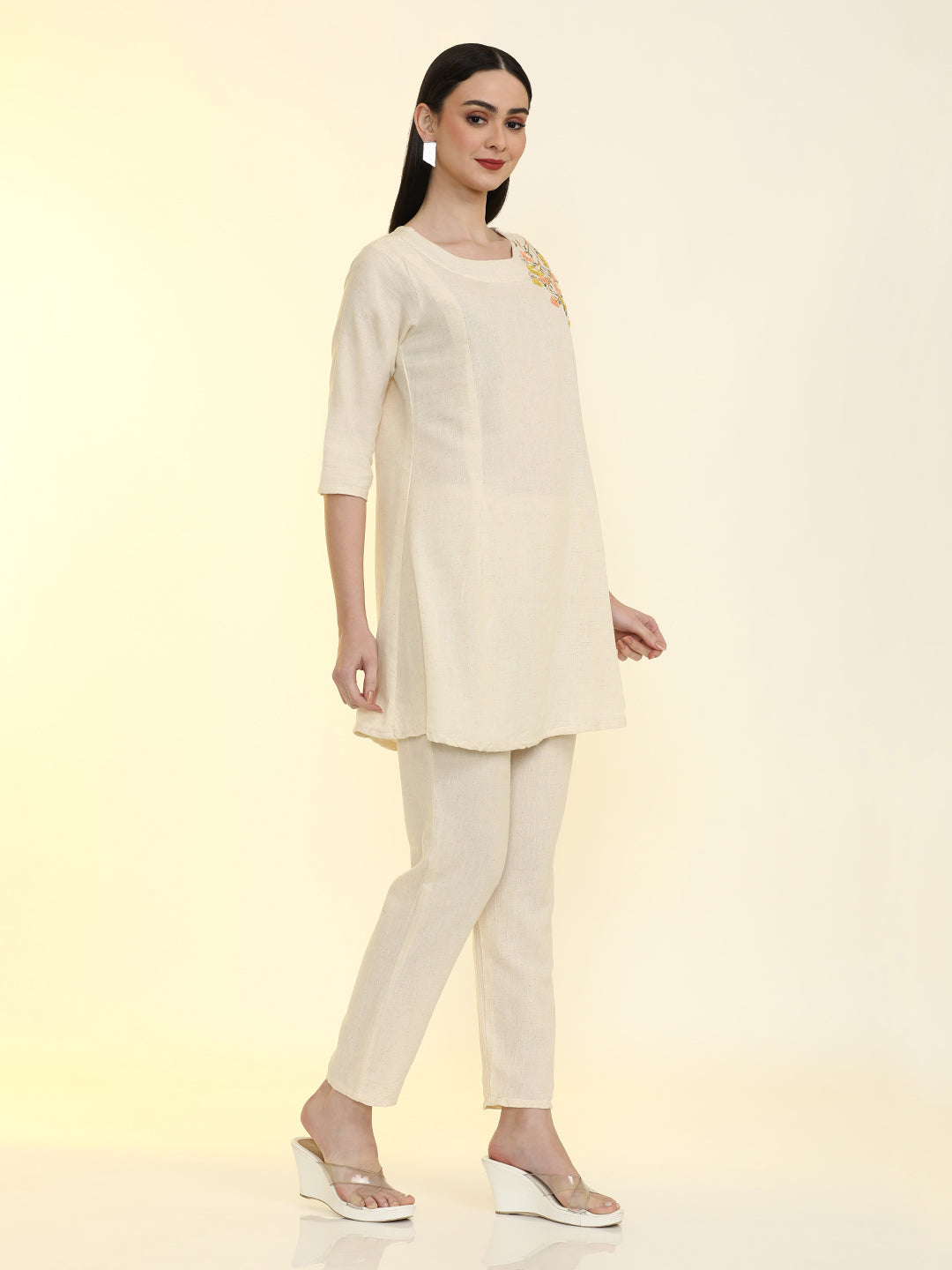 Floral Embroidered Cotton Blend Flared Kurta with Trousers