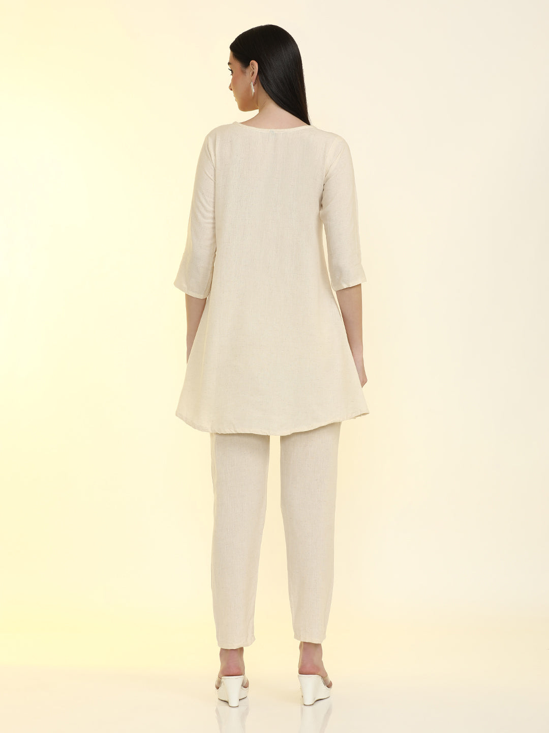 Floral Embroidered Cotton Blend Flared Kurta with Trousers