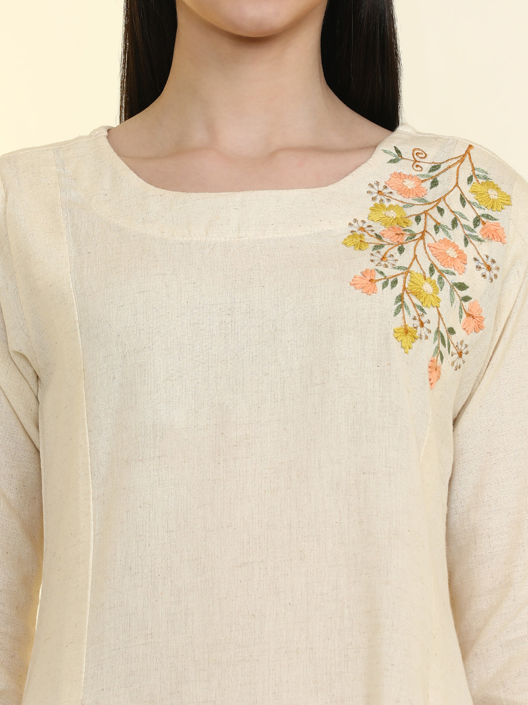 Floral Embroidered Cotton Blend Flared Kurta with Trousers