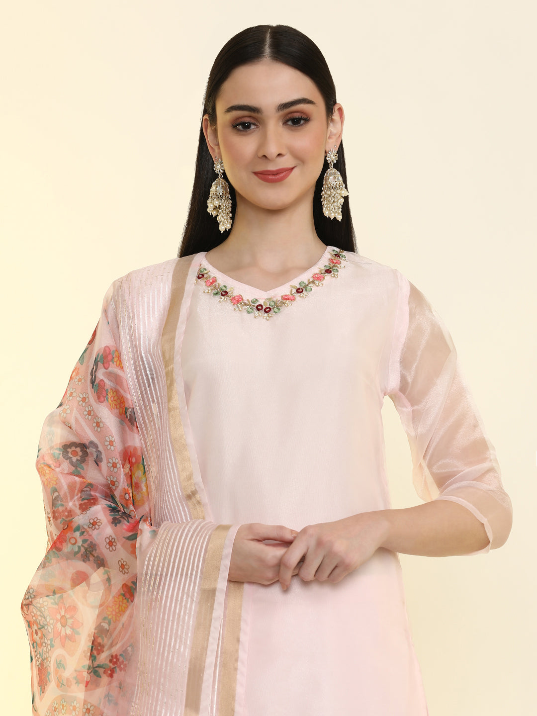 Solid Embroidered Organza Straight Kurta & Trousers Sets