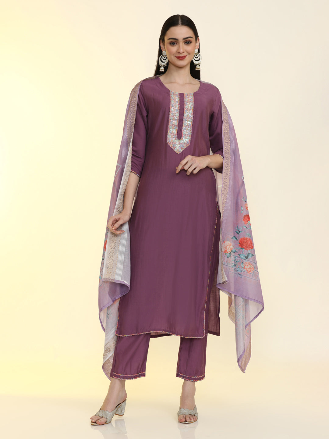 Solid Yoke Design Silk Blend Straight Kurta & Trousers Sets