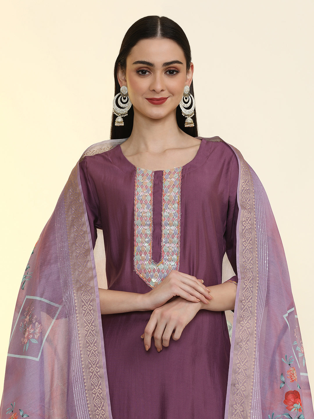 Solid Yoke Design Silk Blend Straight Kurta & Trousers Sets
