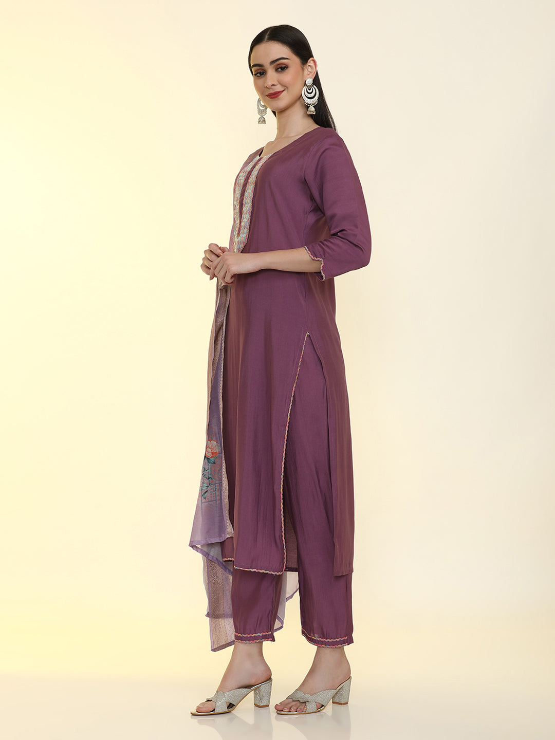 Solid Yoke Design Silk Blend Straight Kurta & Trousers Sets