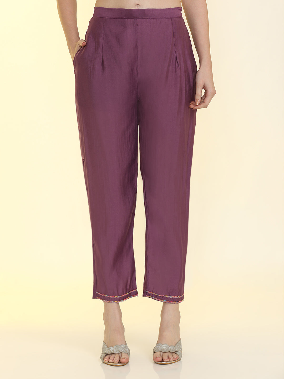 Solid Yoke Design Silk Blend Straight Kurta & Trousers Sets