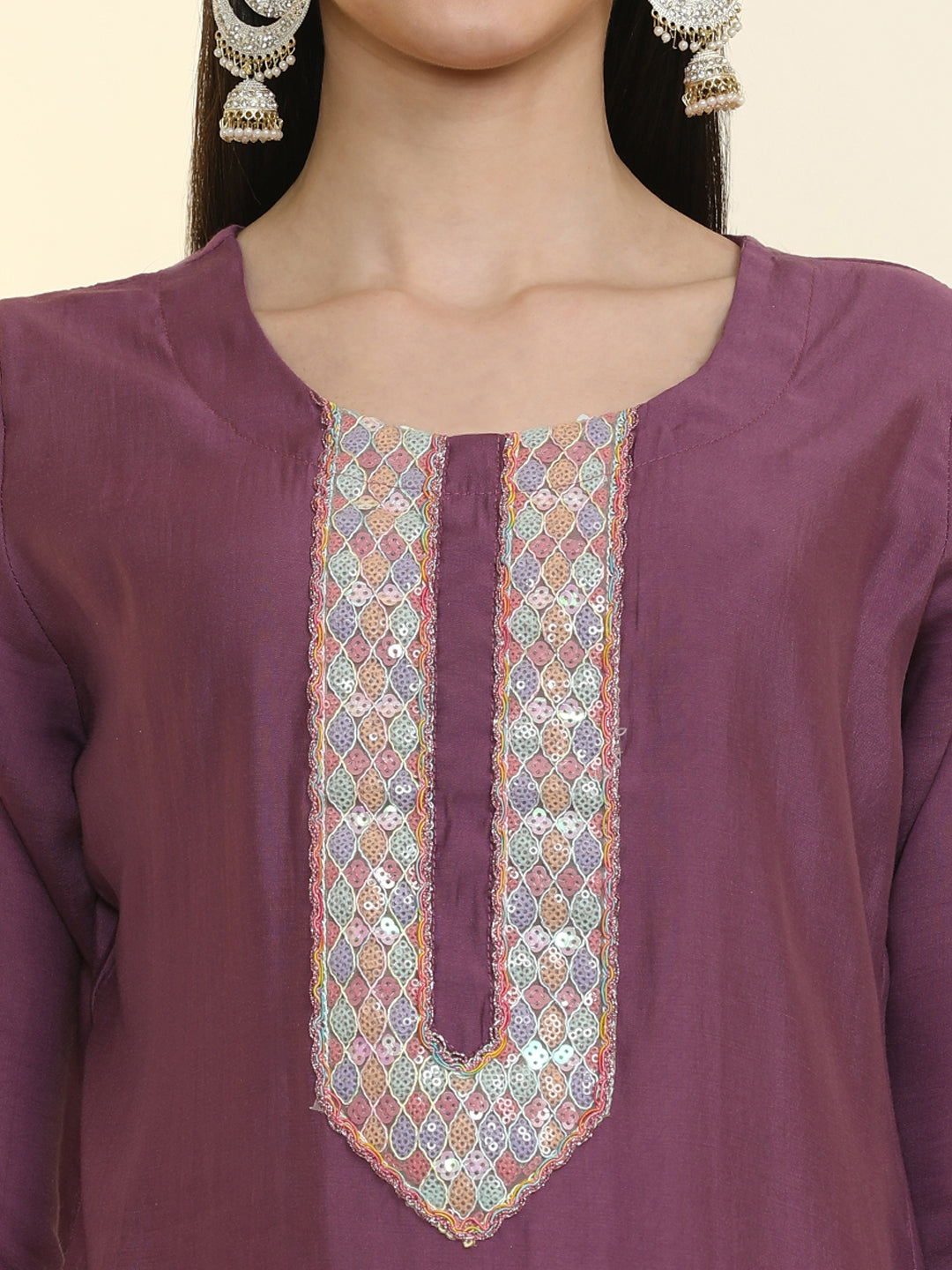 Solid Yoke Design Silk Blend Straight Kurta & Trousers Sets