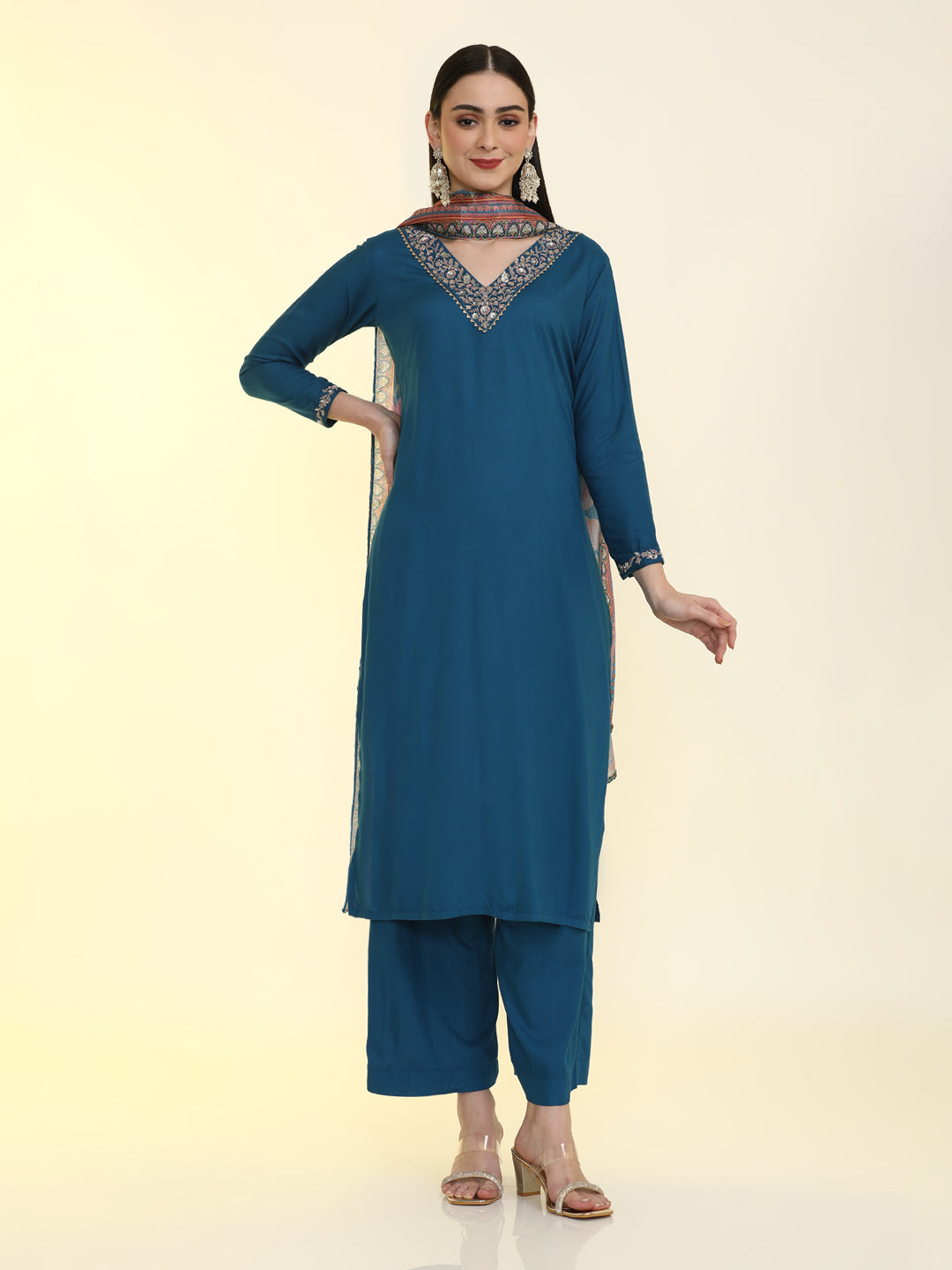 Solid Embroidered Straight Kurta & Palazzos Sets