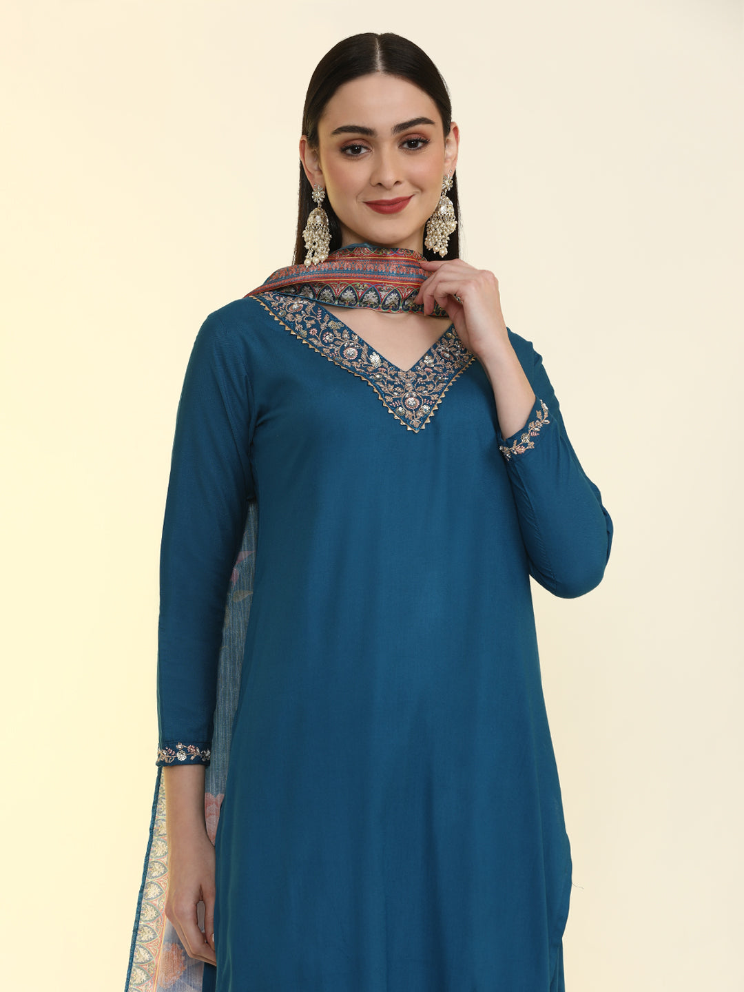 Solid Embroidered Straight Kurta & Palazzos Sets