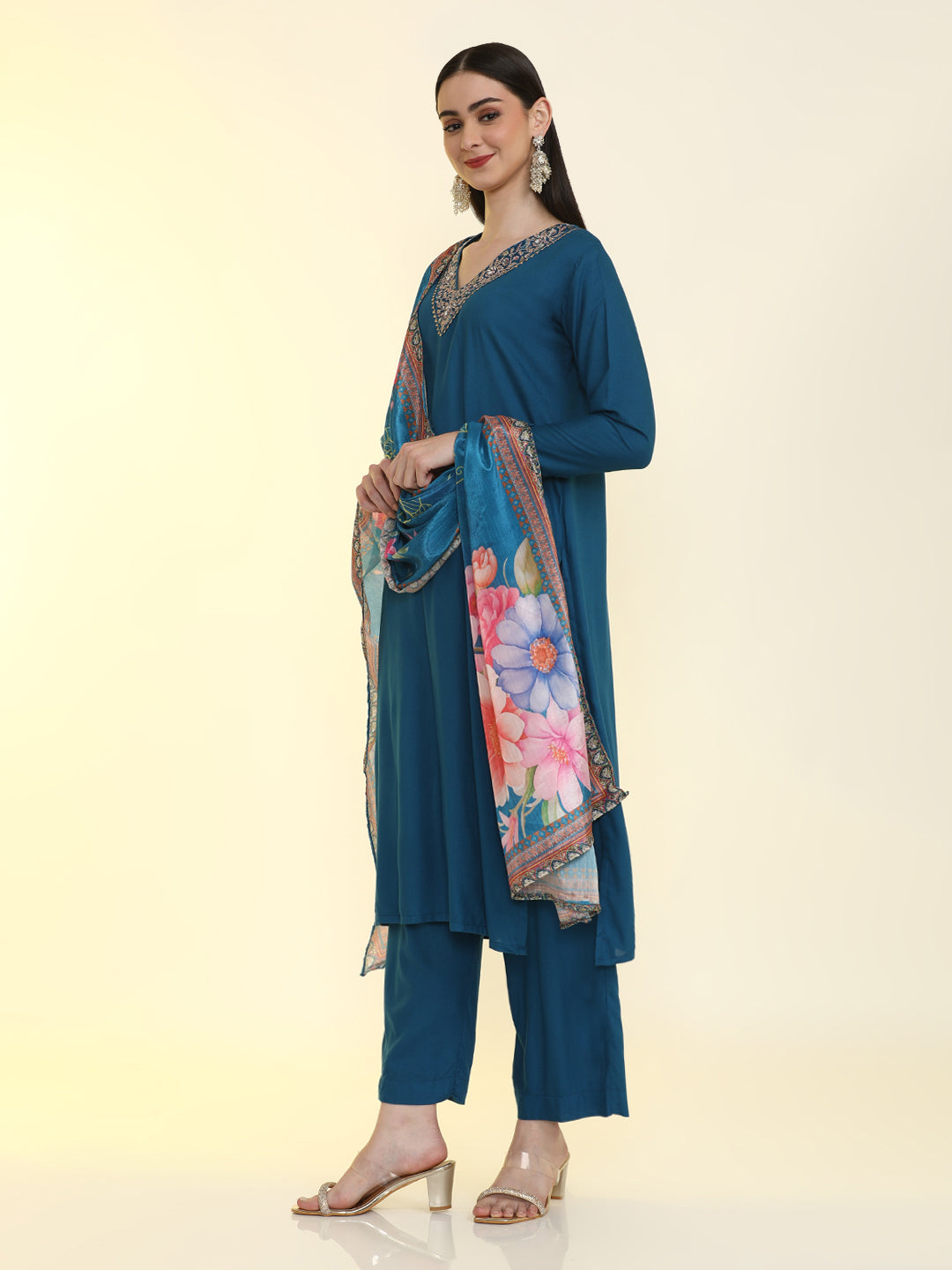 Solid Embroidered Straight Kurta & Palazzos Sets