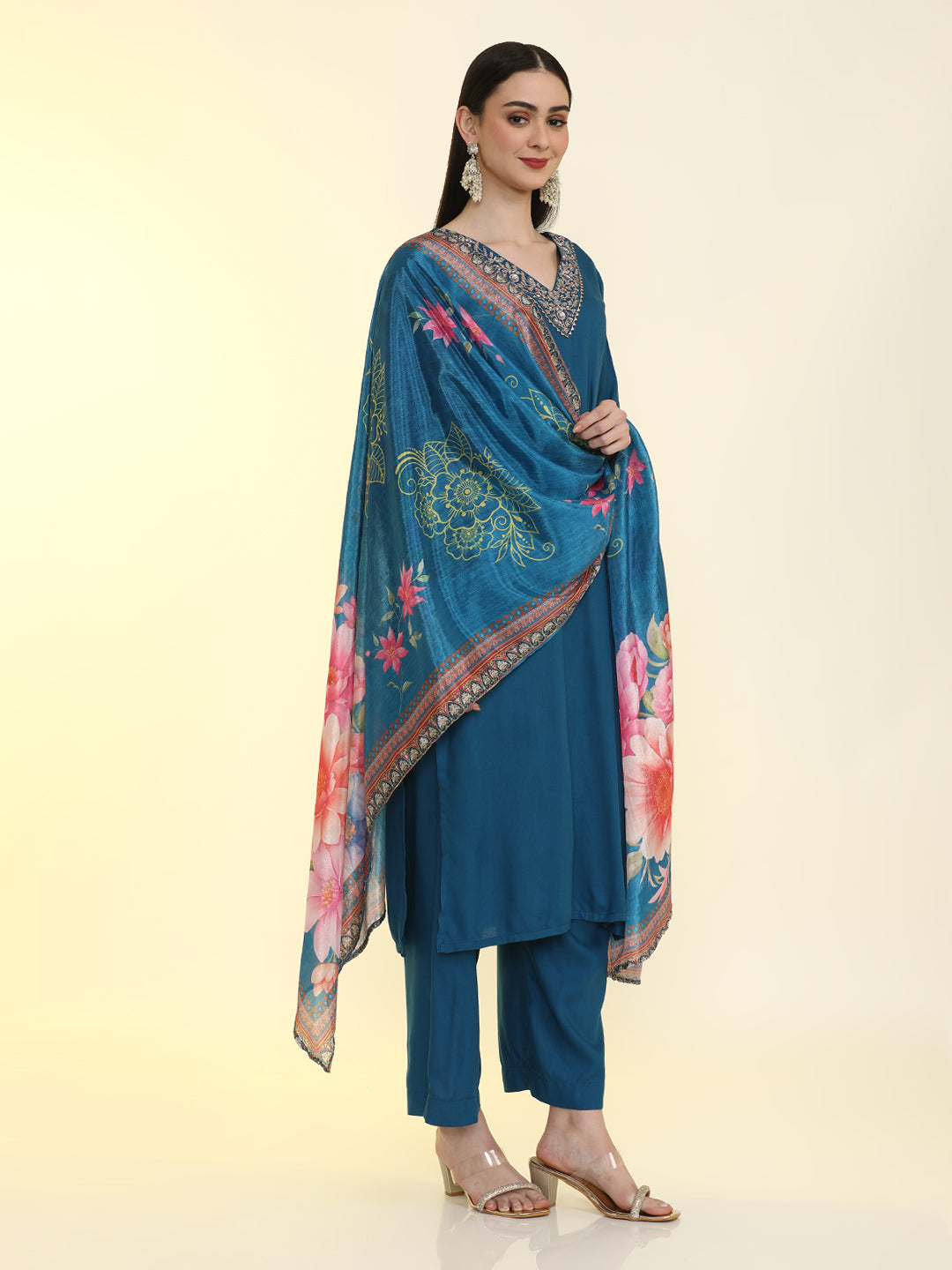 Solid Embroidered Straight Kurta & Palazzos Sets
