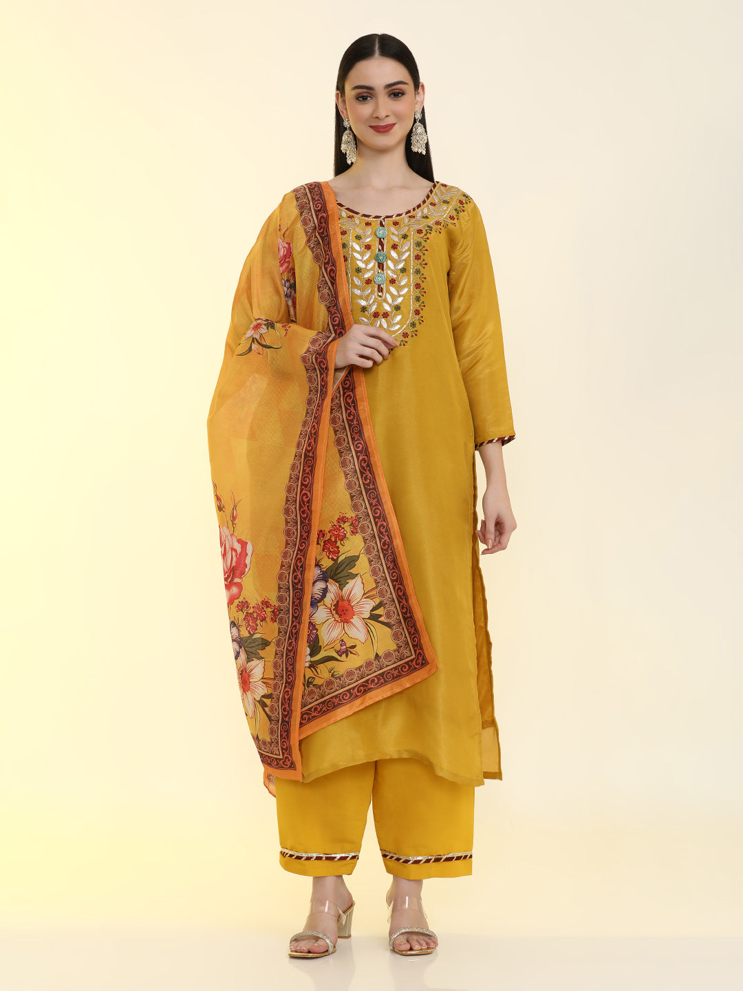 Solid Yoke Design Chinon Straight Kurta & Palazzos Sets