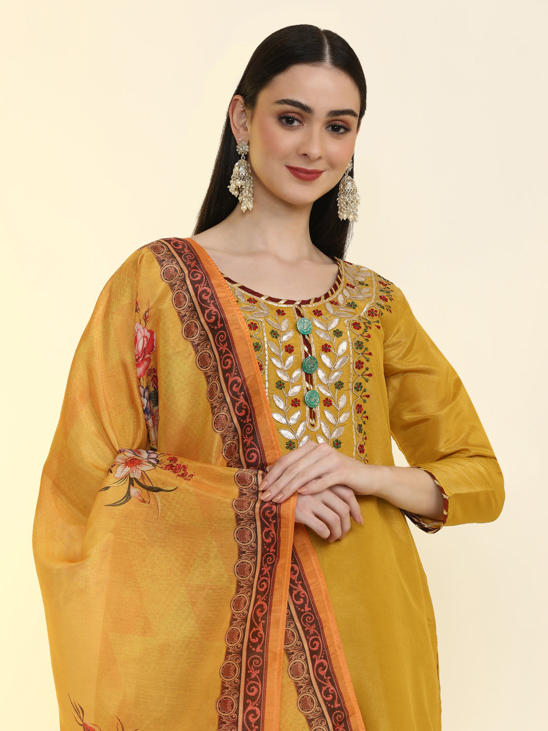 Solid Yoke Design Chinon Straight Kurta & Palazzos Sets