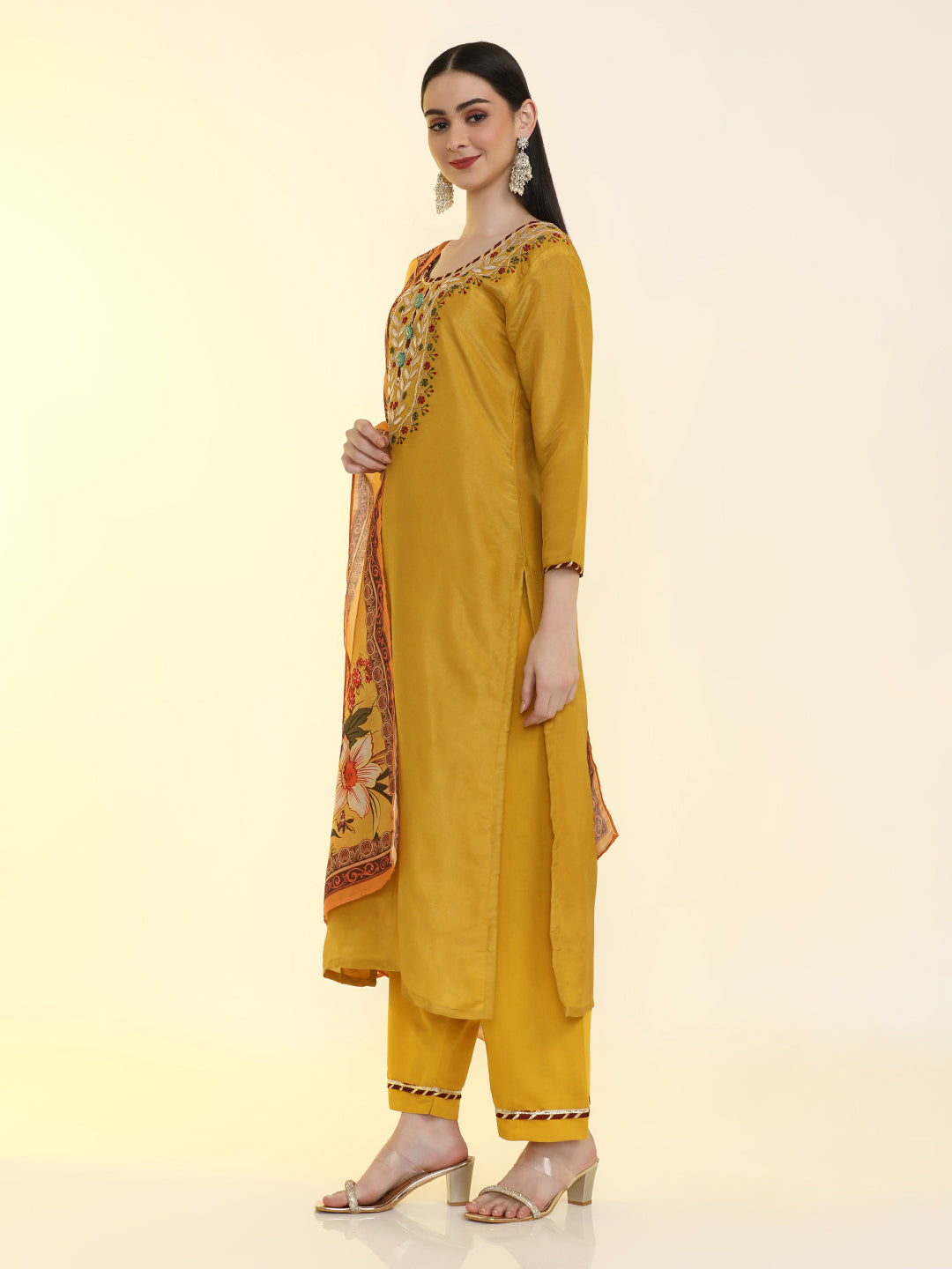 Solid Yoke Design Chinon Straight Kurta & Palazzos Sets