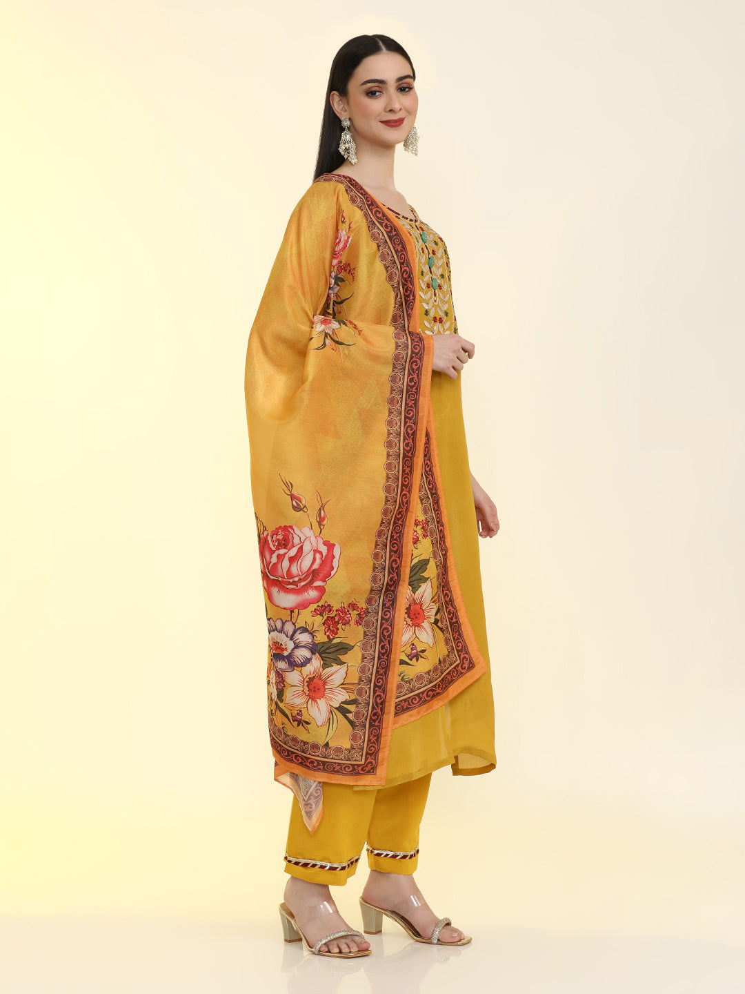 Solid Yoke Design Chinon Straight Kurta & Palazzos Sets