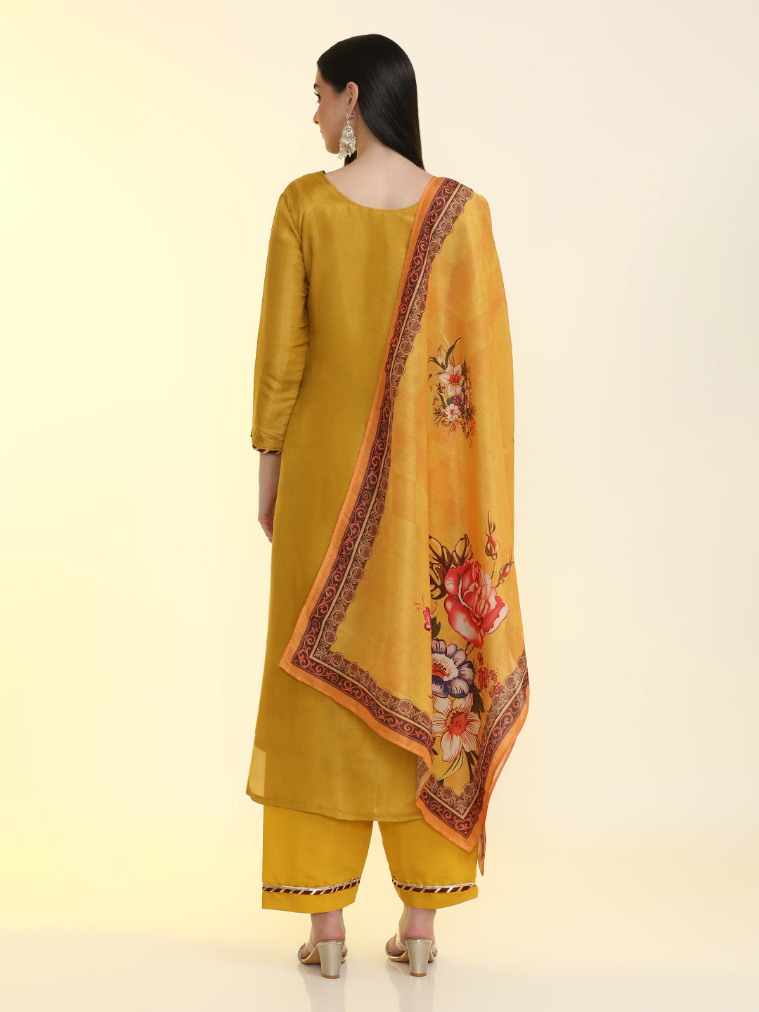 Solid Yoke Design Chinon Straight Kurta & Palazzos Sets